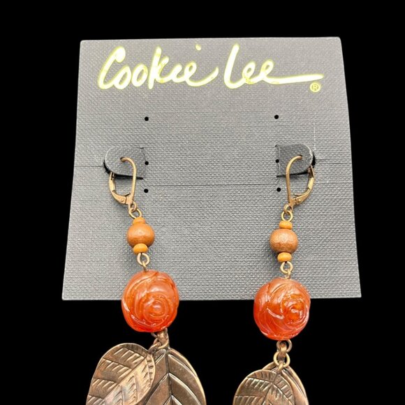 Cookie Lee Earrings Copper Tone Carved Orange‎ Rose Bead Metal Leaf Wooden Bead - Picture 3 of 7